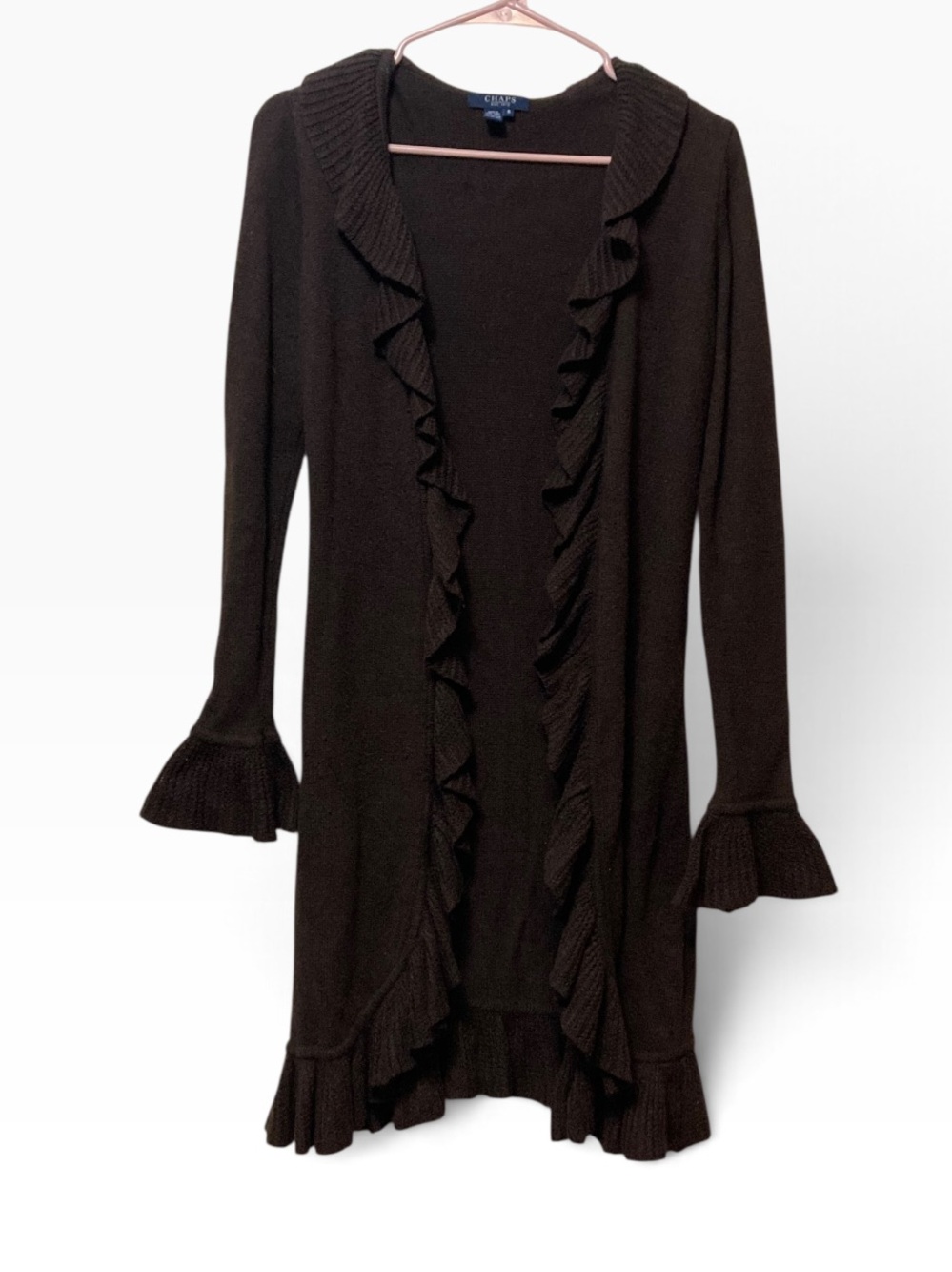Y2K Brown Ruffle-Trim Long Cardigan Sweater
